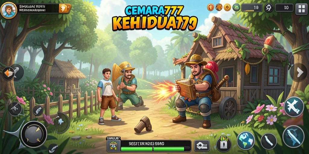 Screenshot utama CEMARA777 yang menampilkan dunia simulasi kehidupan.