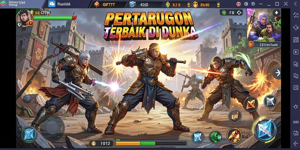 Screenshot utama GF777 menunjukkan pertarungan yang mendebarkan dan karakter yang kuat.