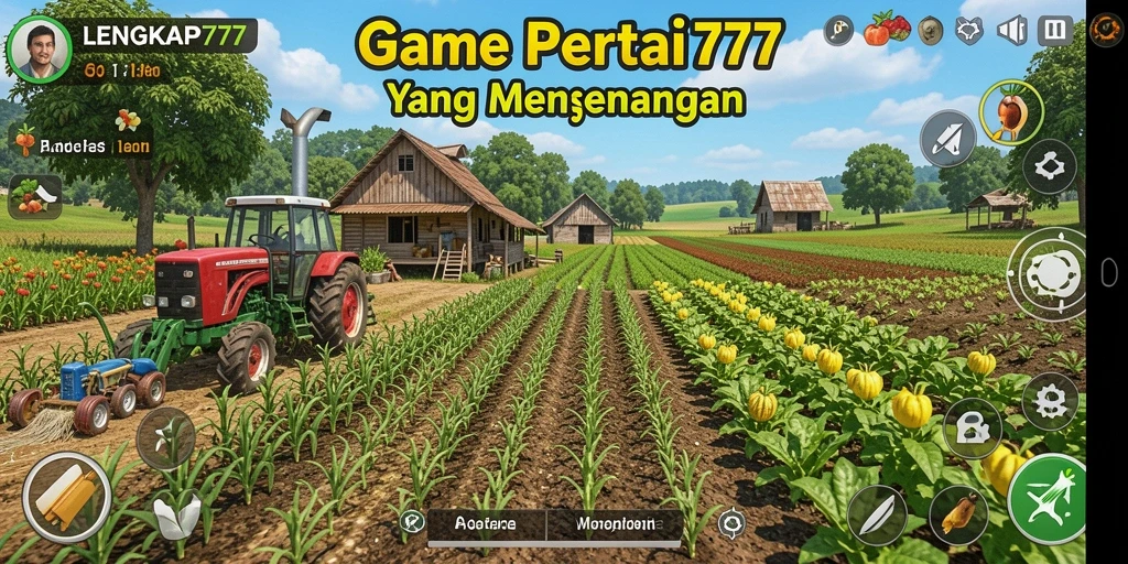 Screenshot LENGKAP777 menampilkan kebun yang indah dan hewan ternak yang bahagia.