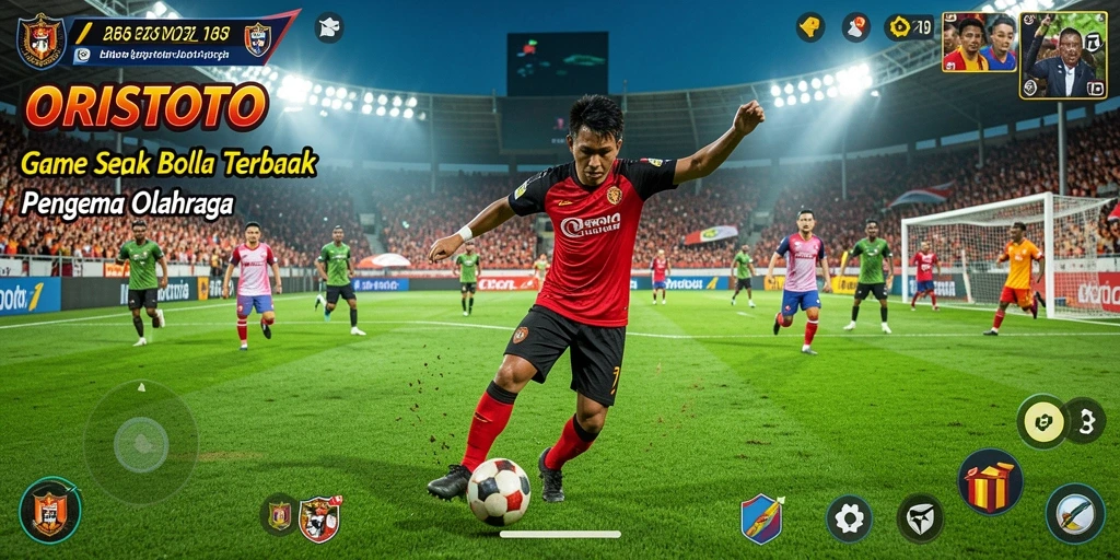 Gambar gameplay ORISTOTO dengan aksi sepak bola yang intens.