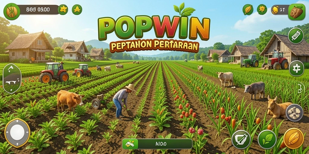 Tangkapan layar utama POPWIN menunjukkan gameplay pertanian yang seru dan interaktif.