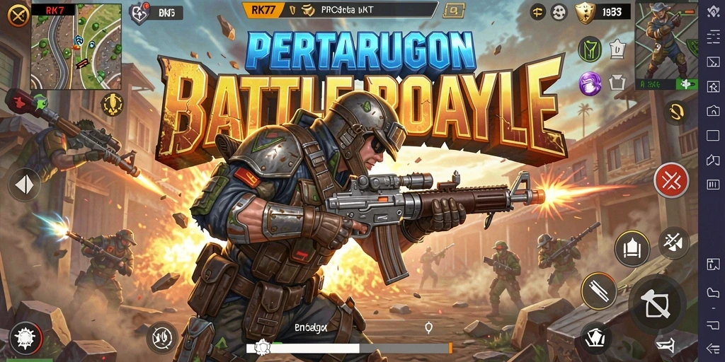Screenshot gameplay RK77 menampilkan aksi seru dalam Battle Royale.