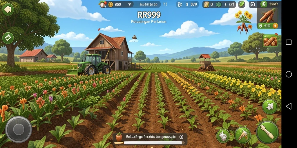 Tampilan screenshot utama RR999 menampilkan keseruan gameplay bertani di ladang.