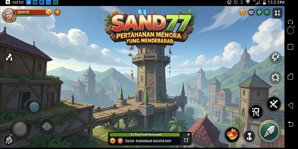 Tampilan gameplay SAND77 yang menampilkan pertahanan menara yang strategis.