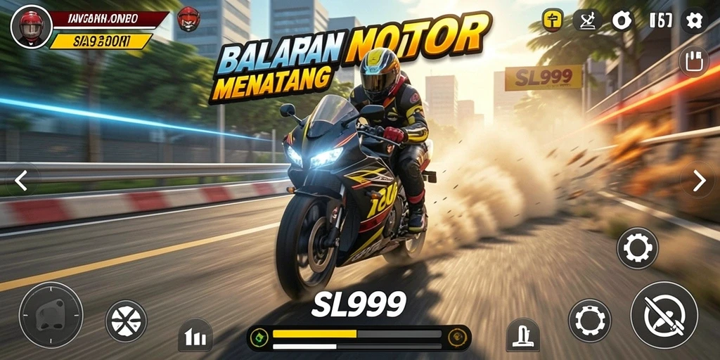 Screenshot gameplay SL999 dengan motor balapan di lintasan.