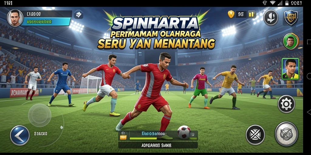 Screen utama SPINHARTA menampilkan pemain di tengah aksi olahraga.
